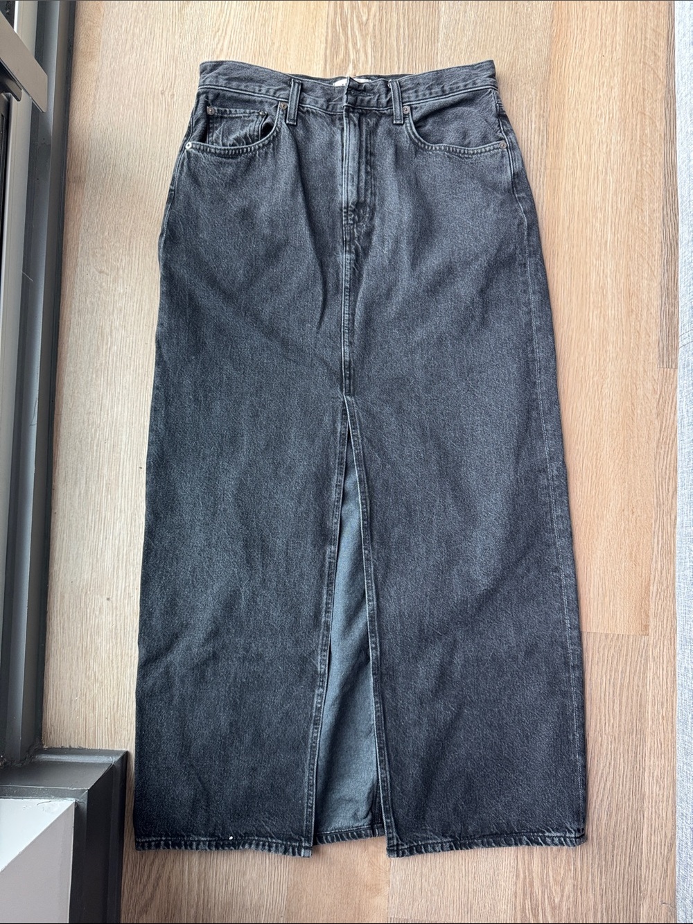 Agolde Leif Black Denim Maxi Skirt with Front Slit size 25